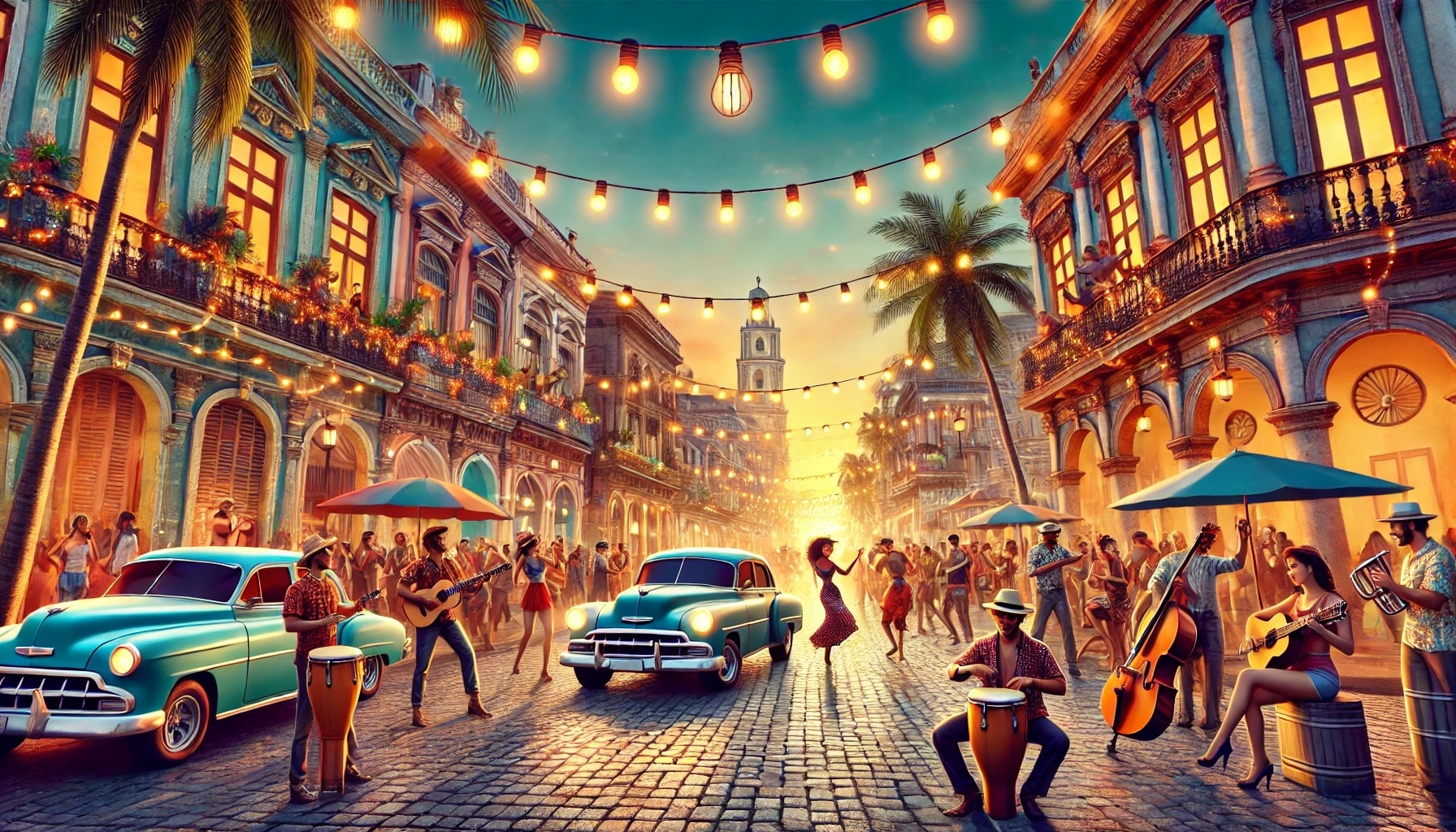 An energetic 'Havana Nights' themed scene. The image showcases a bustling Cuban street.