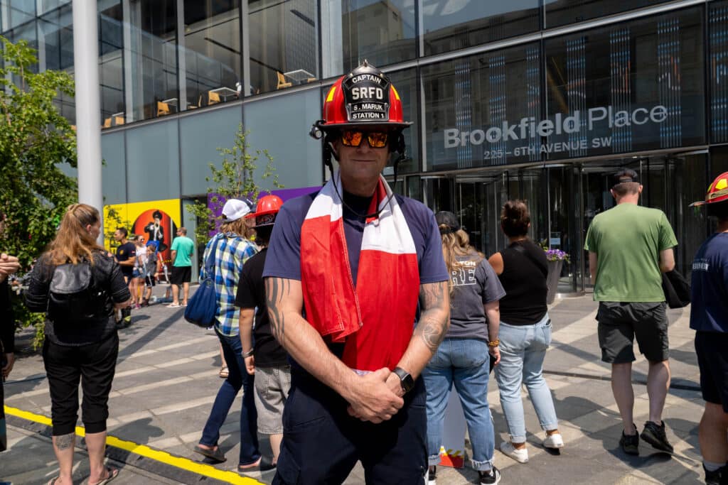 Steve at the 2025 Firefighter Stairclimb Challenge in firefighter gear.